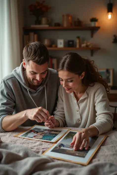 Photo of couple putting together 2 photos
