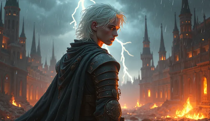 Wallpaper, a hyperdetailed, hyperrealist digital illustration of a young Byronic hero with medium-length white hair, embodying the romanticism of a medieval beautiful warrior. blood. He stands in the midst of a burning city, where the sky is dark with stor...