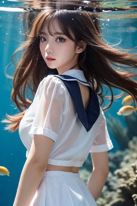 ( see-through:1.3),White sailor suit, sailor dress ,  White Theme , school uniform,  sailor suit ,  stare at viewers,  Madness,  long disheveled hair ,   beautiful eyes in every detail  ,Hair shines,Dramatic angle, blue sailor color ,  Plump Boobs , ogipot...