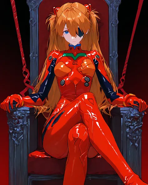       8k Wallpaper、     top quality、     masterpiece、     top quality、   Amazing Facial Details、             Soryu Asuka Langley   , neon genesis      Evangelion,      red plug suit,      Seated , On the throne,   Legs crossed ,   weapons, Lance of Longinu...