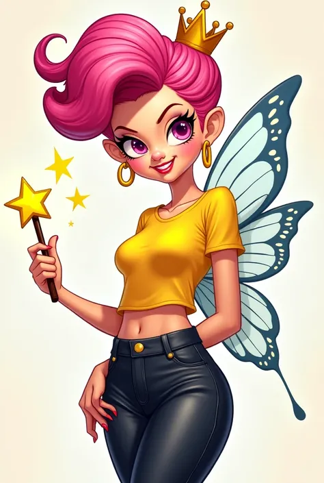 Comic: female with swirly pink pompadour with small gold crown, pink eyes, yellow earrings, yellow Tshirt, white/blue butterfly wings, black pants and black shoes. She wields a gold star magic wand.