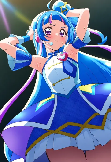 masterpiece, best quality, newest, absurdres, CG, anime, source anime, illustration,,( 1girl :1.5),(Alone:1.5),,  cure wink, kimi to Idol precure, (blue hair:1.1), magical girl, mini crown, purple eyes, blue dress, tilted headwear, very long hair, blunt ba...