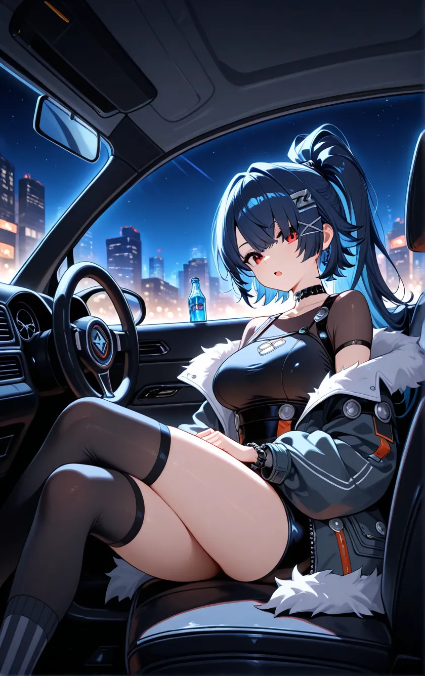 1girl, solo, ellen joe_Zenless zone Zero,hair over one eyes,long hair, high ponytail, slit choker,blue hair,skintight dress, leotard, sitting, on car, car interior, oversize jacket, off shoulder, fur lined coat, jewelry interior car, backseat, close up,:#,...