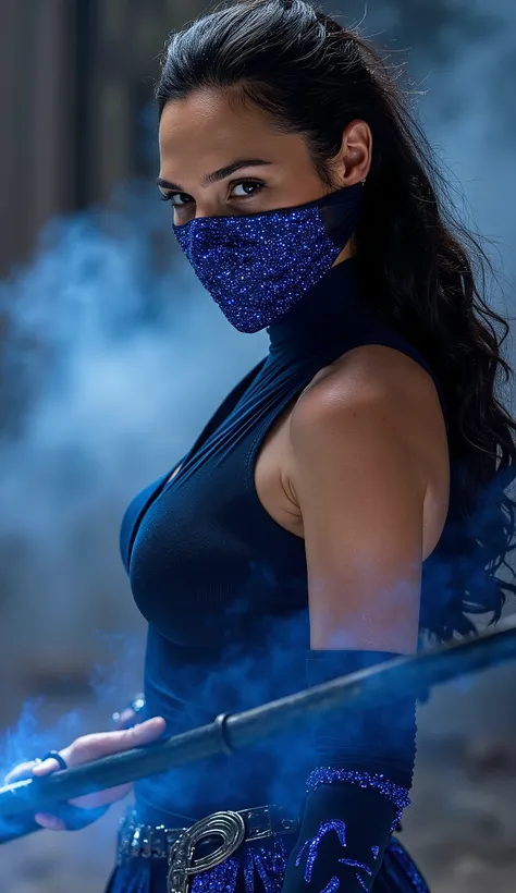  Gal Gadot emerges as the warrior Kitana in an impressive reinterpretation of the iconic character of *Mortal Kombat*.  Wearing a deep blue ninja costume ,  made of elegant fabrics reinforced with metallic details ,  she exudes the perfect combination of g...