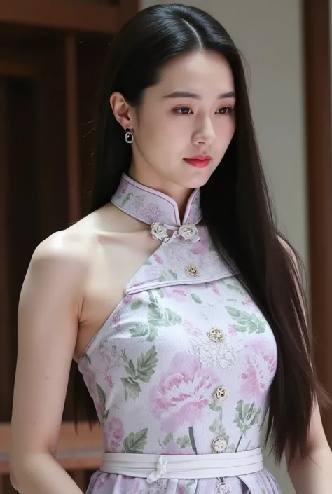 Chinese Cheongsam，Tang Sancai style，girl，Northern Europe，White skin，Extra long hair，Black Hair，Straight Hair
