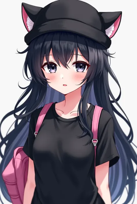 Female anime character with long wavy black hair, with white skin tone, with a black t-shirt and with a pink backpack behind and a black hat with cat ears, Pure black eyes