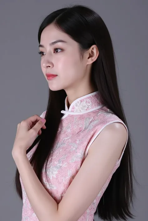 Chinese Cheongsam，Tang Sancai style，girl，Northern Europe，White skin，Extra long hair，Black Hair，Straight Hair
