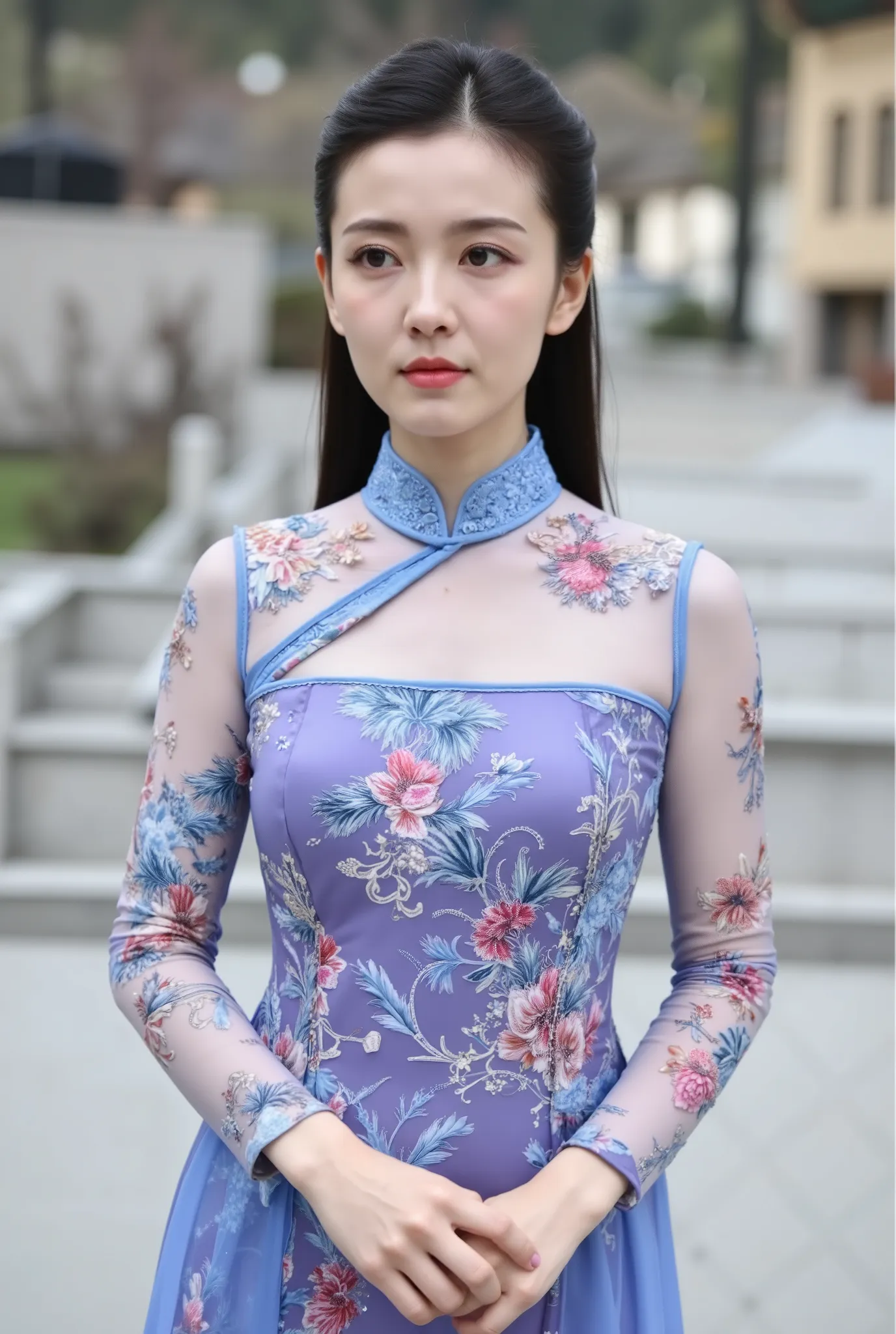 Chinese Cheongsam，Tang Sancai style，girl，Northern Europe，White skin，Extra long hair，Black Hair，Straight Hair
