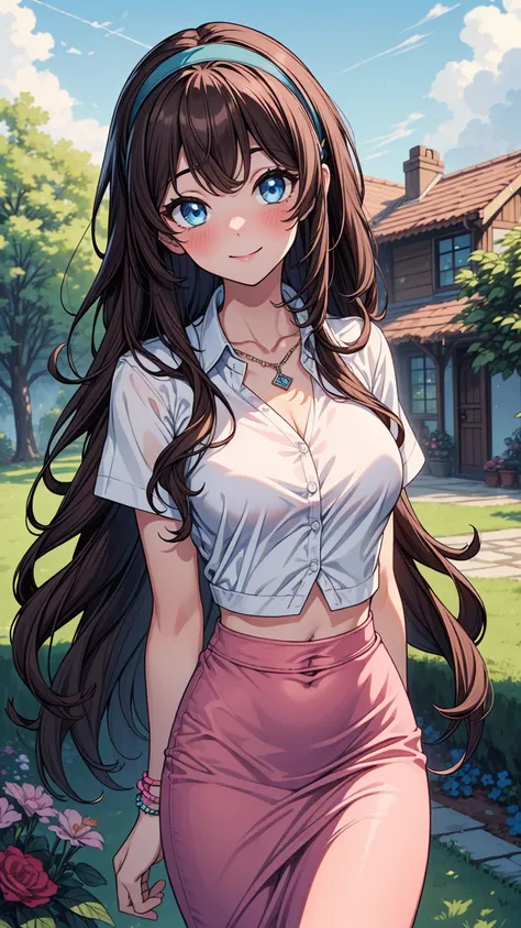 ((masterpiece, best quality:1.3, high detail)), beautiful woman walking, smile, long wavy hair, (dark brown hair), hairpin, bright blue eyes, light blush, (white collar shirt), (long pink pencil (skirt)), midriff, navel, black hairband, necklace, bracelets...