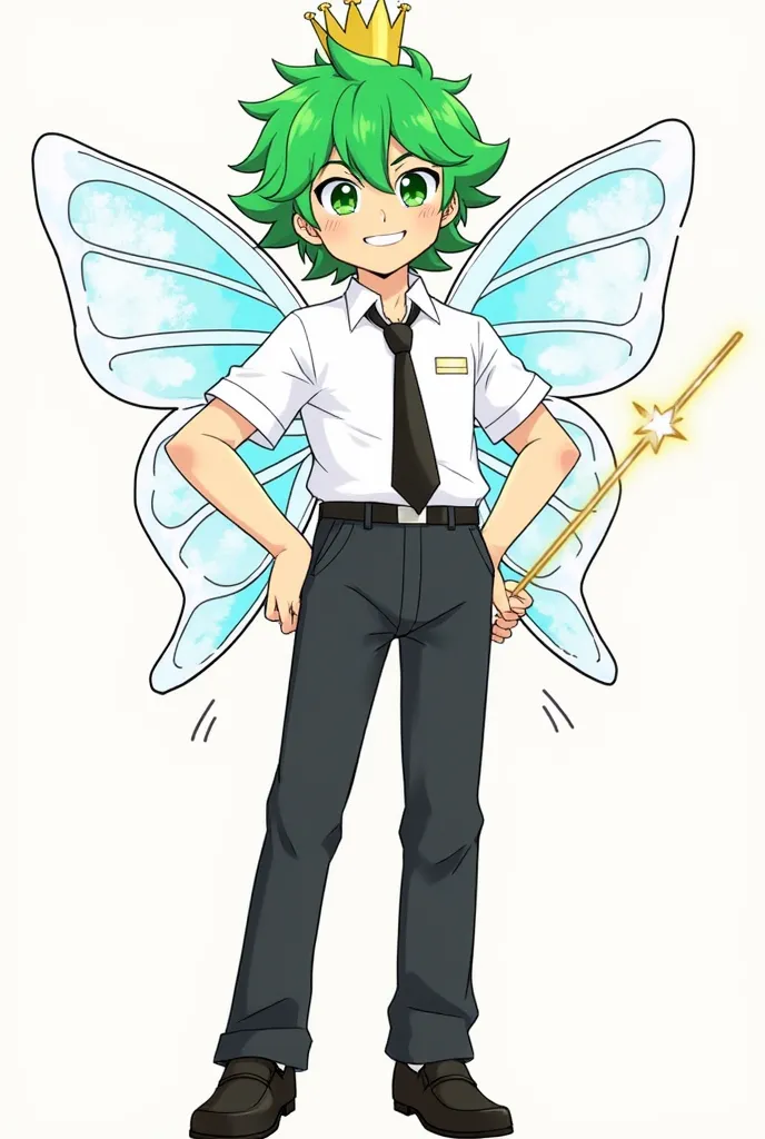 Comic: scatterbrained male with green reverse mullet with small gold crown, green eyes, white shirt with black necktie, white/blue butterfly wings, black pants and black shoes. He wields a gold star magic wand.