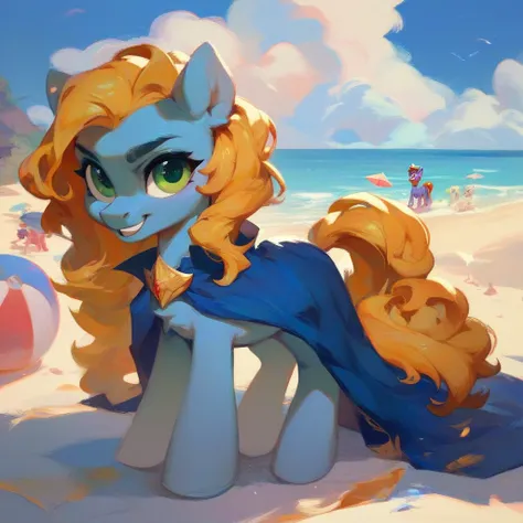 pony ,  royal blue cloak , blue fur, golden mane ,  green eyes, beach