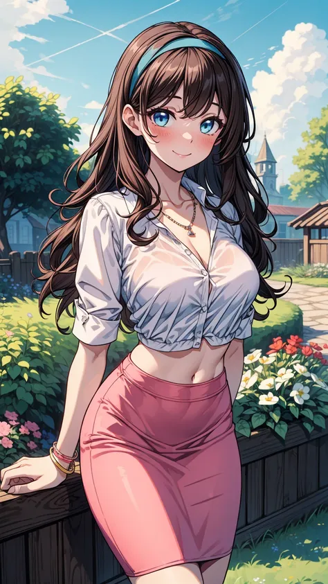 ((masterpiece, best quality:1.3, high detail)), beautiful woman (posing), smile, long wavy hair, (dark brown hair), hairpin, bright blue eyes, light blush, (white collar shirt), (long pink pencil (skirt)), midriff, navel, black hairband, necklace, bracelet...