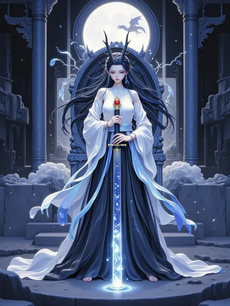 Aorun, 1girl, Long dark blue hair, a pair of dragon horns on the head, masterpiece, ultimate detailed, tiny finnest details, Fierce japanese female warrior is holding a reflective shiny (katana:1.3) in front of her face, (an ancient mythical Japanese demon...