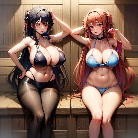  2 girls with very big breasts,  wide hips , in a wet swimsuit , in the sauna.