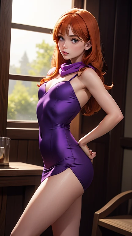           Daphne Blake with Scooby Doo     ,      beautiful woman, delicate and sensual,      young,      ginger hair,      black eyes , Purple mini dress,      green scarf     ,      slim body,      Small and beautiful breasts     ,      small and beautif...