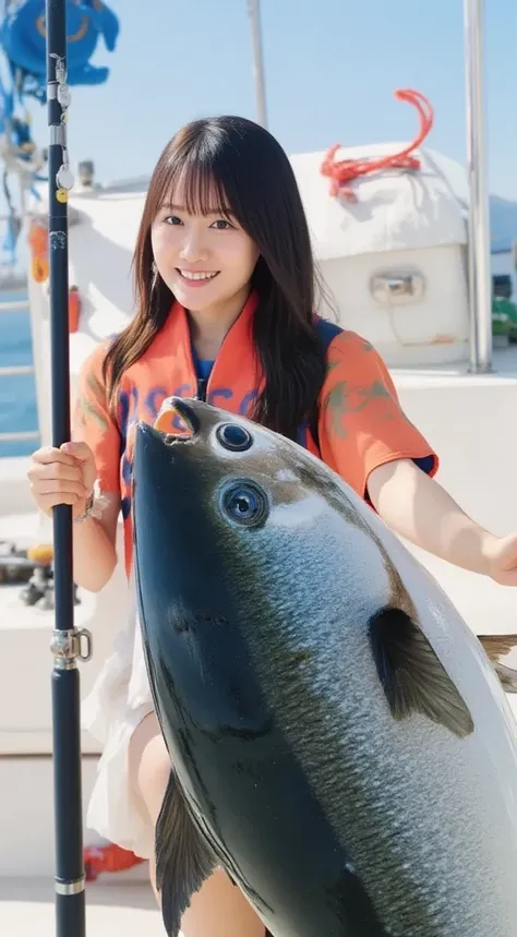 A realistic, high-resolution image of a woman on a fishing boat wearing an orange life jacket, holding a fishing rod with a large tuna she has just caught. The woman has a joyful expression, with the sea and sky visible in the background. Sunlight reflects...