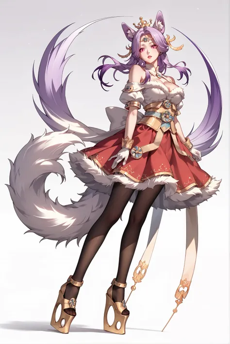 （ stands，whole body:1.7)，ruanyi0865,armor,cleavage cutout,crown,dress,pantyhose,white hat,short sleeves,white gloves,red skirt,HoleHeels，Hole platform/ oval/ Circle Heels，Heels ，Xiwangmu , queen dress, Pink eyes, purple hair, animal ear, jewelry,bare shoul...