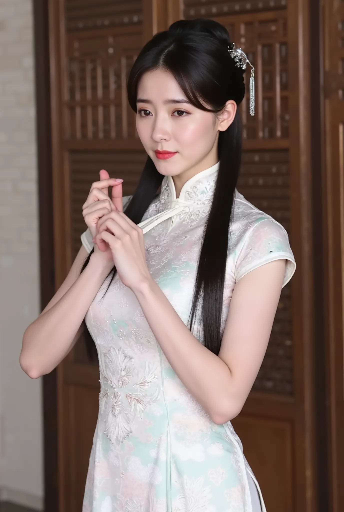 Chinese Cheongsam，Tang Sancai style，girl，Northern Europe，White skin，Extra long hair，Black Hair，Straight Hair
