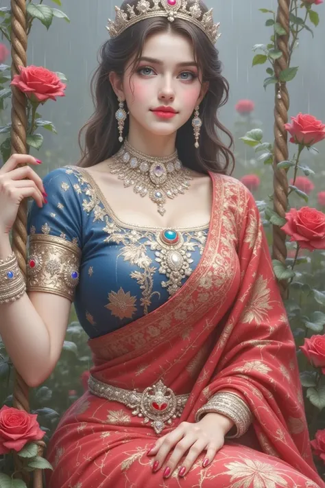  Kali Ma with a beautiful smile ,  Blue Leather,  red sari with intricate patterns , wearing an Indian crown ,  sitting on a swing in the middle of a red rose garden.  Close up portrait photo in the rain 