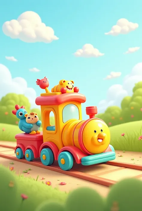 Create a colorful and joyful scene with a cute baby train made up of animal-shaped and toy-shaped cars. The train rolls on tracks in a sunny landscape with fluffy clouds in the sky. The baby train makes chu chu chu sounds as it moves along. Add a light mus...