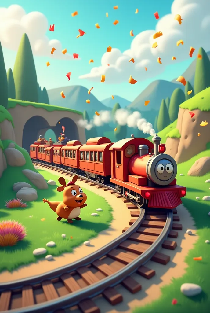 The train runs around a large circular track, passing hills, bridges, and tunnels. The cars are animated to have happy faces. Add sound effects of chu chu and chugga chugga, with the train speeding up, and confetti explosions of colors with each toot-toot....