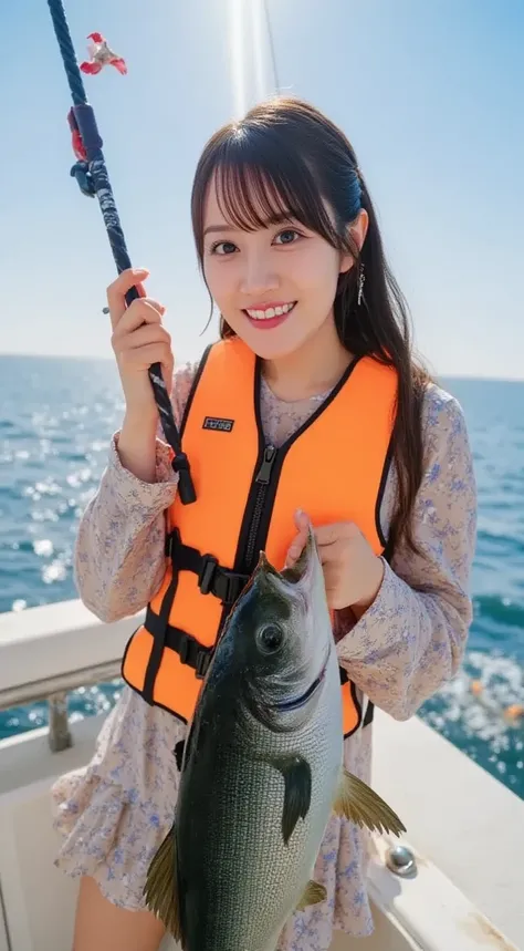 A realistic, high-resolution image of a woman on a fishing boat wearing an orange life jacket, holding a fishing rod with a large tuna she has just caught. The woman has a joyful expression, with the sea and sky visible in the background. Sunlight reflects...