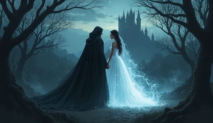 A dark wizard and queen separated by light and dark, In the background a castle at dusk surrounded by a dark forest