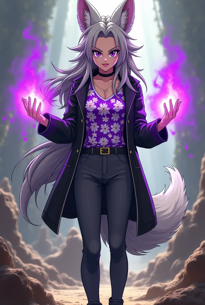 Comic: female Dragon Ball character as a fox with gray dreadlocks, purple/white floral shirt, black jacket, dark gray pants and black shoes. She emits purple energy from her hands 