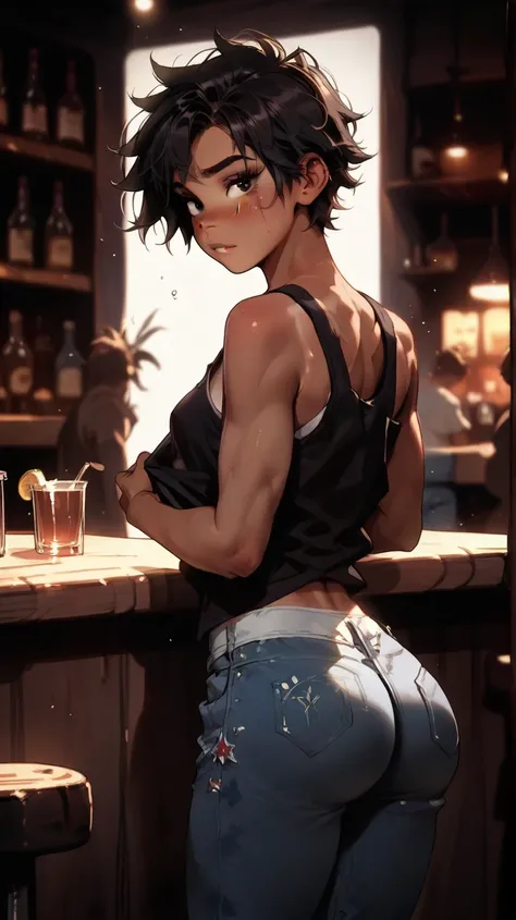 Anime,tomboy,tanned,short hair,dark hair,jeans,fit,bubble butt,tank top,seductive look,at a bar,pulling jeans down,shy