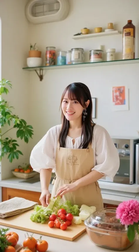 A realistic, high-resolution image of a cheerful woman cooking in a modern, well-lit kitchen. She is wearing a light-colored apron over casual clothes and is preparing a fresh meal with vegetables on a wooden cutting board. Sunlight streams through a nearb...