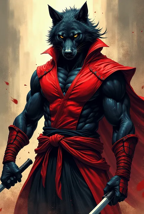 Comic: stoic male Dragon Ball character as a wolf/panther with red/black outfit, and wields small ninja daggers.