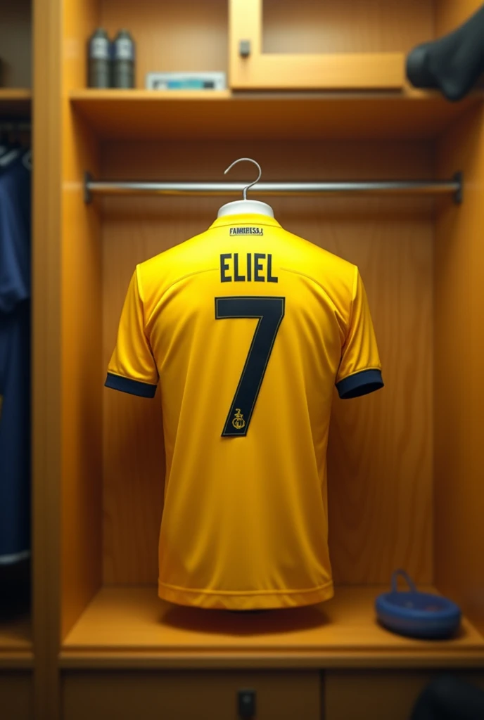 An advertisement for a team called Farmers FC that says "Gameday " And in the background a yellow uniform hanging in the dressing room and having the number 7 and the name "Eliel "