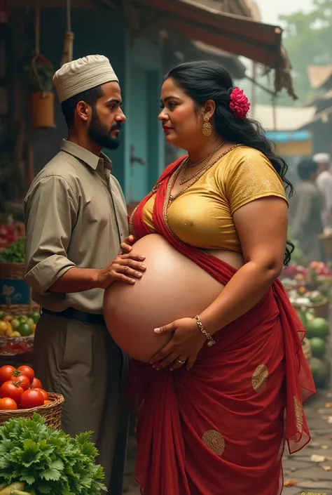 A woman vegetable seller, Medium plus size Bangladeshi bhabhi, very big boobs and saggy big belly fully exposed , traditional face, very big and deep navel,  monster pussy, golden bra size blouse with red color bridal trasparent saree. Selling vegetables a...