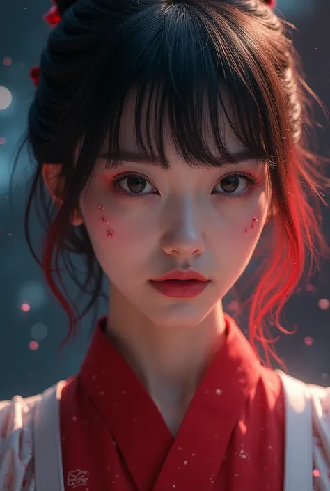  A 20-year-old Asian woman ,  with the color of black eyes ,  with short hair with bangs ,  and the ends painted red and some locks painted white.  dressed in the Xialing outfit from the movie Shang Chi  (2021) , with the cosmic background .