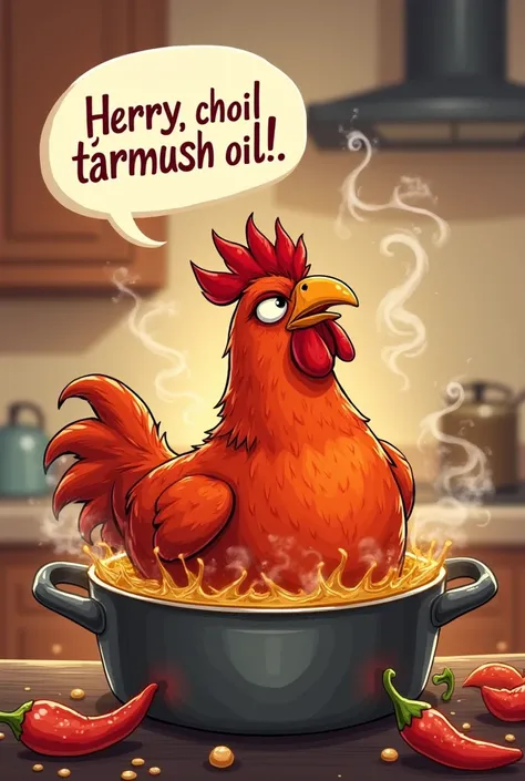 "It's too hot!" the speech bubble reads, Angry chicken in a pot of oil, red as a chilli pepper, complaining, background kitchen, illustration funny art