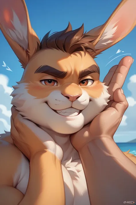 Someone's hands coming from the edges of the image squeezing the huge boobs of a brown-yellow male furry rabbit with a fringe of brown hair on his face. Someone's hands are coming from the ends of the image and are visible grabbing the character's boobs..