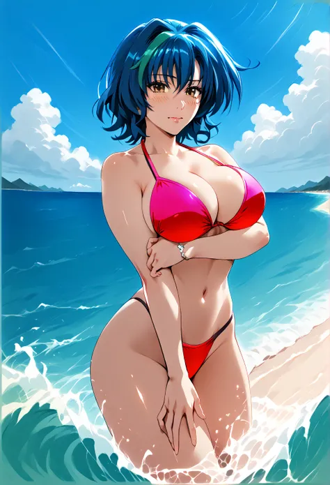  masterpiece,  the best quality, 1 girl,  looking at the spectator, beautiful, bikini, ((Seascape:1.4)),  sunlight ,  big breasts,  yellow-eyed, Xenovia quarta,  wavy hair ,  Blue Hair,  beautiful and detailed eyes ,   beautiful detailed glow  , lots of gl...