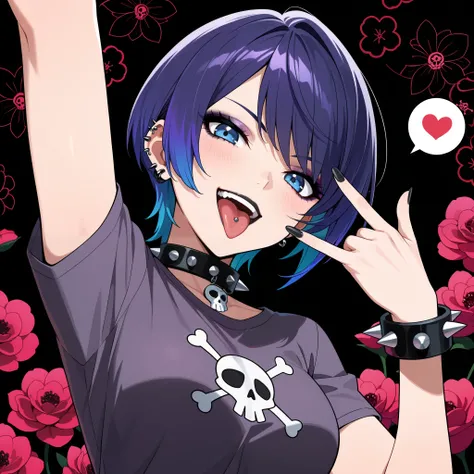 phantom style, masterpiece, best quality, amazing quality, anime screencap. BREAK. 1girl, spikes, solo, spiked collar, tongue, heart, blue hair, spiked bracelet, black nails, shirt, jewelry, tongue out, spoken heart, collar, \m/, blue eyes, short hair, pur...