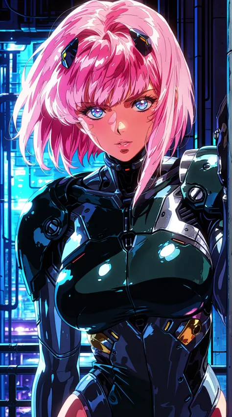 , masterpiece, best quality, good quality, very aesthetic, absurdres, newest, 8K, depth of field, focused subject, a cyberpunk girl with pink hair, in the style of cknc, ((retro anime))