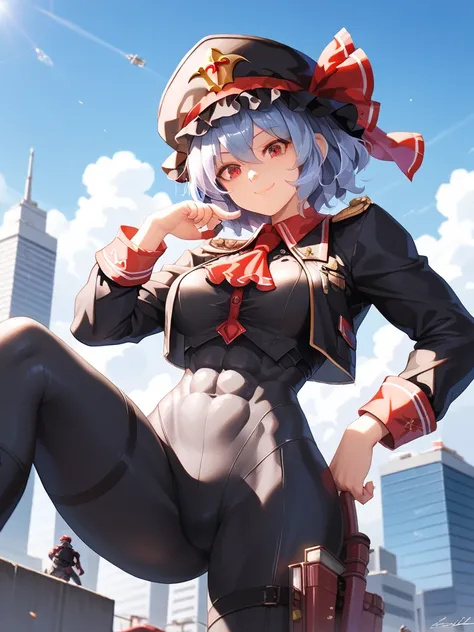 (( top quality)), (( Masterpiece)), (  Details: 1.4), ( absurd), Remilia Scarlet( Touhou Project), Remilia Scarlet,Remilia Walking Forward ,   features a muscular sculptural body ,  closed my mouth,  Muscular body covered in black military uniform, I'm wea...