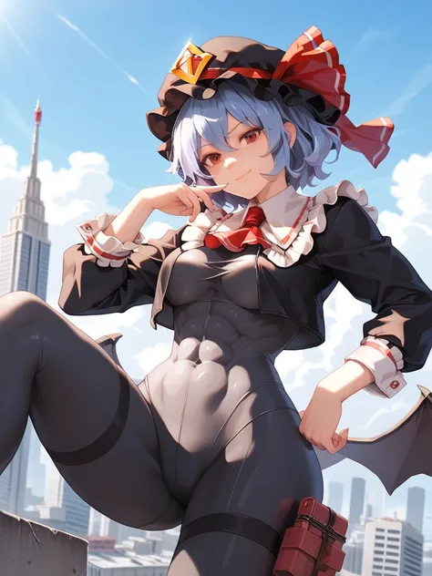 (( top quality)), (( Masterpiece)), (  Details: 1.4), ( absurd), Remilia Scarlet( Touhou Project), Remilia Scarlet,Remilia Walking Forward ,   features a muscular sculptural body ,  closed my mouth,  Muscular body covered in black military uniform, I'm wea...