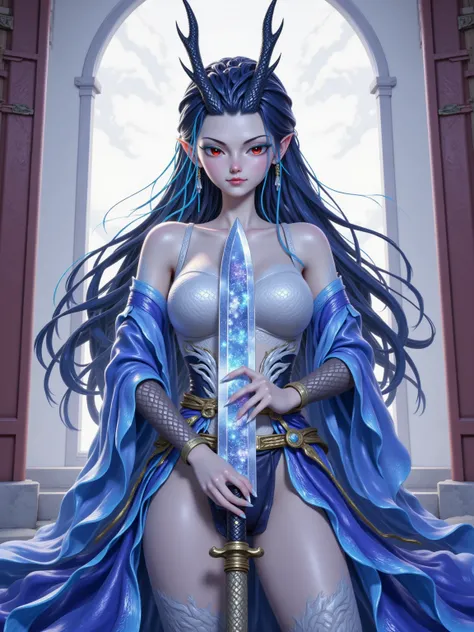 Aorun, 1girl, Long dark blue hair, a pair of dragon horns on the head, masterpiece, ultimate detailed, tiny finnest details, Fierce japanese female warrior is holding a reflective shiny (katana:1.3) in front of her face, (an ancient mythical Japanese demon...