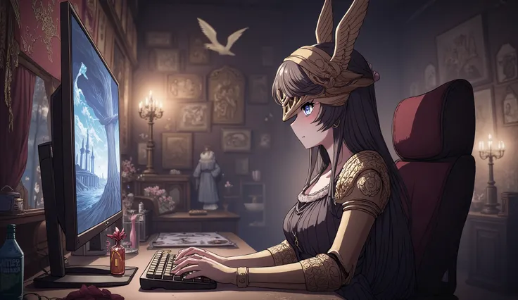 just a super cool elden ring thumbnail. I want an 18+ anime girl playing on mouse and keyboard to some elden ring while her room is full of elden ring decorations. can she also be wearing elden ring armor?