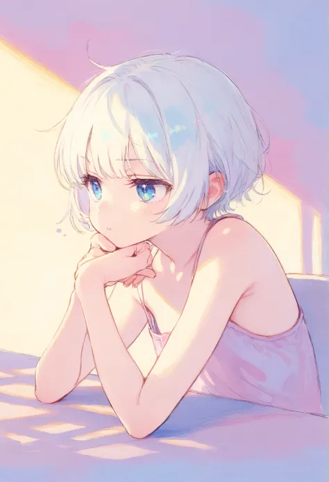  1 number,  white hair, short hair,   bare shoulders, sketch,  foreground, thinking, [street, :0.1],    masterpiece,  the best quality,  Detailed,   pastel colors , Trc,   traditional media,