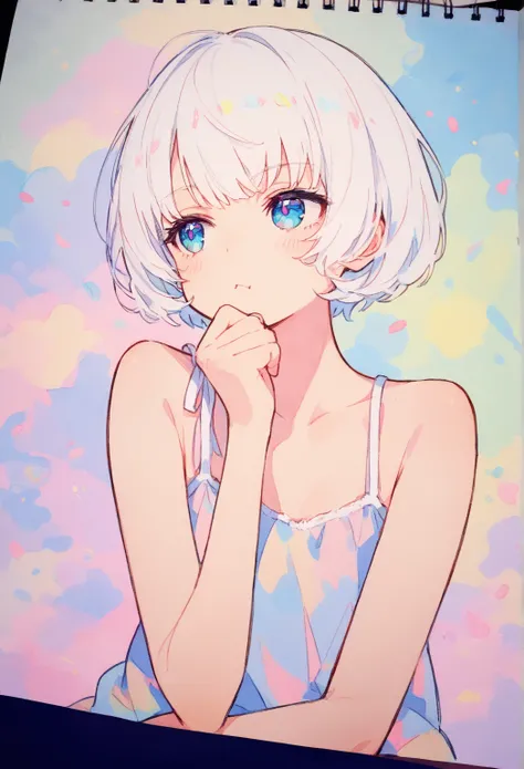  1 number,  white hair, short hair,   bare shoulders, sketch,  foreground, thinking, [street, :0.1],    masterpiece,  the best quality,  Detailed,   pastel colors , Trc,   traditional media,