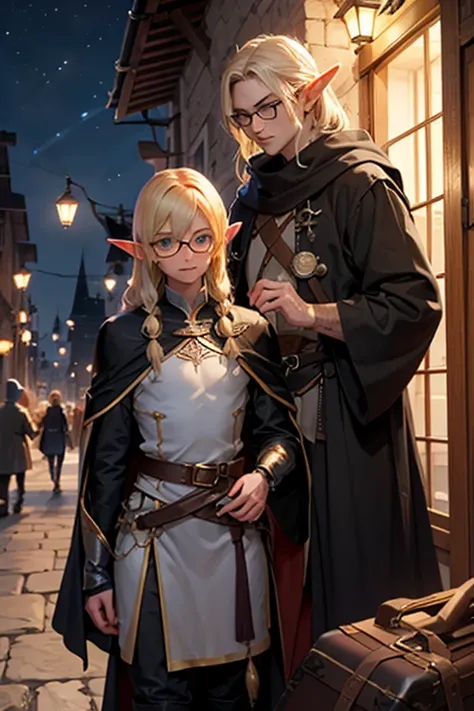 Male elf, long blonde hair, with round glasses, green eyes, adventurer, black robe, mage, fantasy, night, medieval city, traveler, femboy