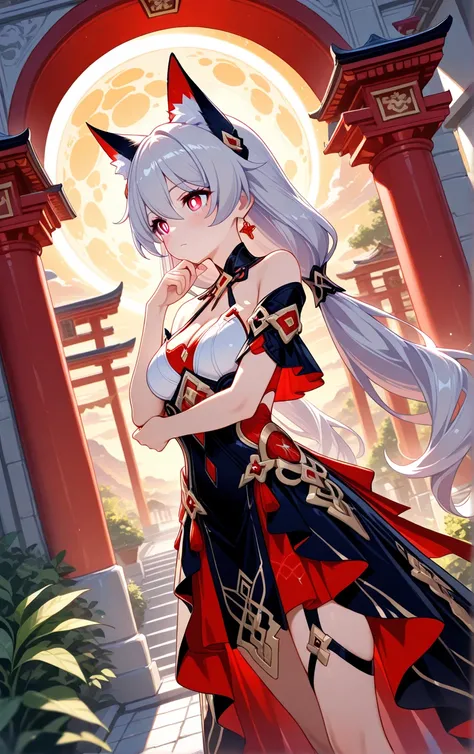 1girl, Theresa_Honkai impact, animal ear fluff, cat ears, bare shoulder, Luna, blush, bright pupils, cleavage, breast, dutch angle, dress, red vibrant clothes, hand on own chin, hand on own elbow, looking ahead, outdoor, plants, lunar, standing, japanese a...