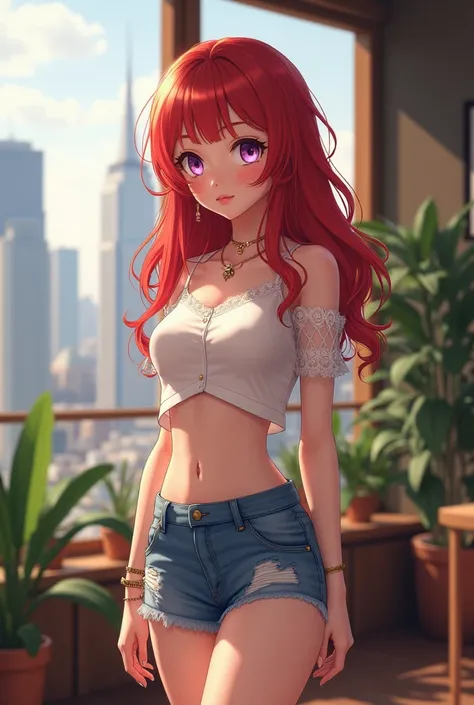 "semi-realistic anime girl, hyperrealistic face, red wavy hair, large violet eyes, satin nightdress, chain detailing, lace trim, warm sunlight, cozy indoor room, potted plants, wooden furniture, soft shadows, smooth skin, elegant jewelry, detailed fabric t...