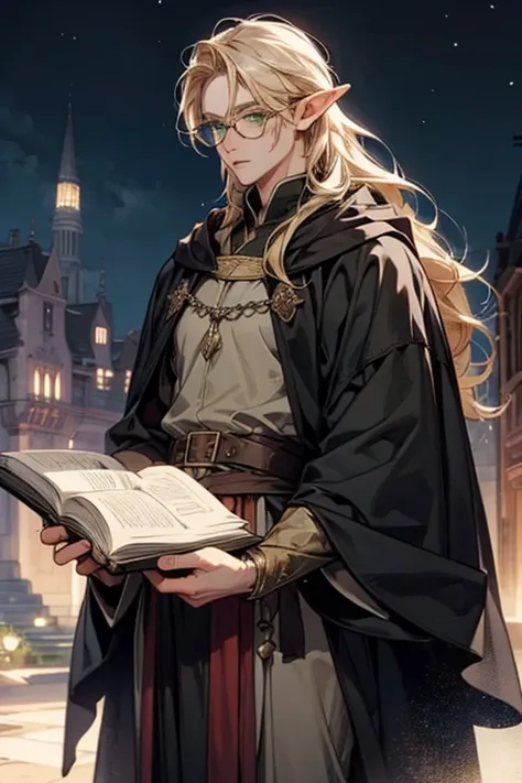 Male elf, long blonde hair, with round glasses, green eyes, adventurer, black robe, mage, fantasy, night, medieval city, traveler, femboy