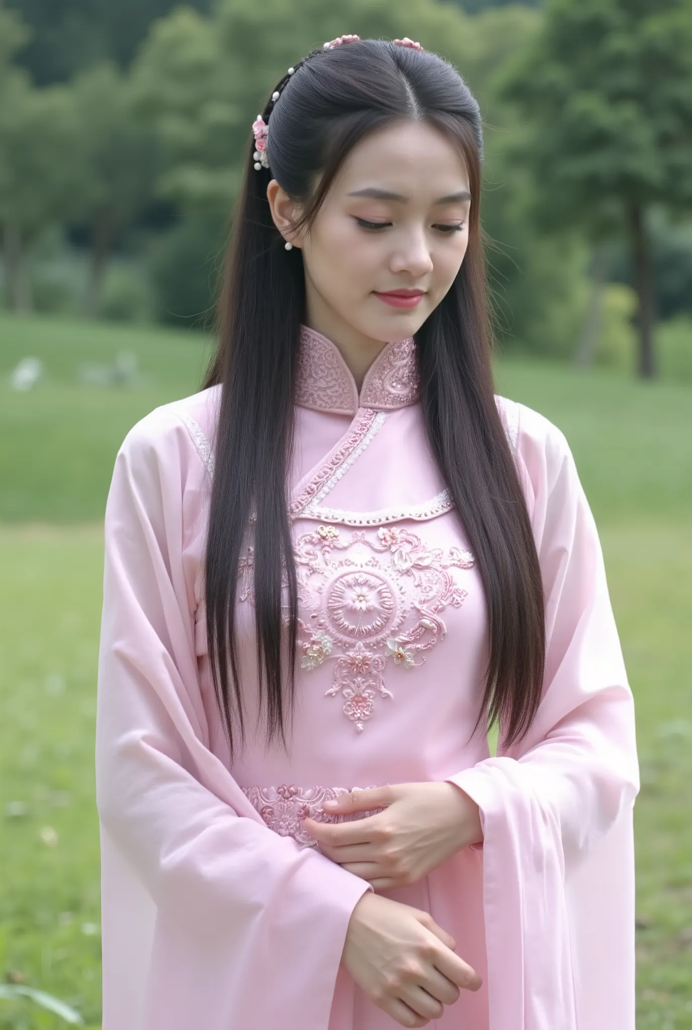 Chinese Cheongsam，Tang Sancai style，girl，Northern Europe，White skin，Extra long hair，Black Hair，Straight Hair
